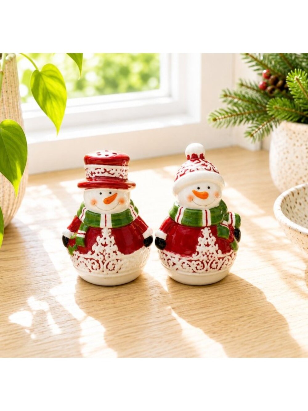 Snowman Ceramic Salt & Pepper Shakers Vintage Christmas Decor 4" Tall Holiday Ta